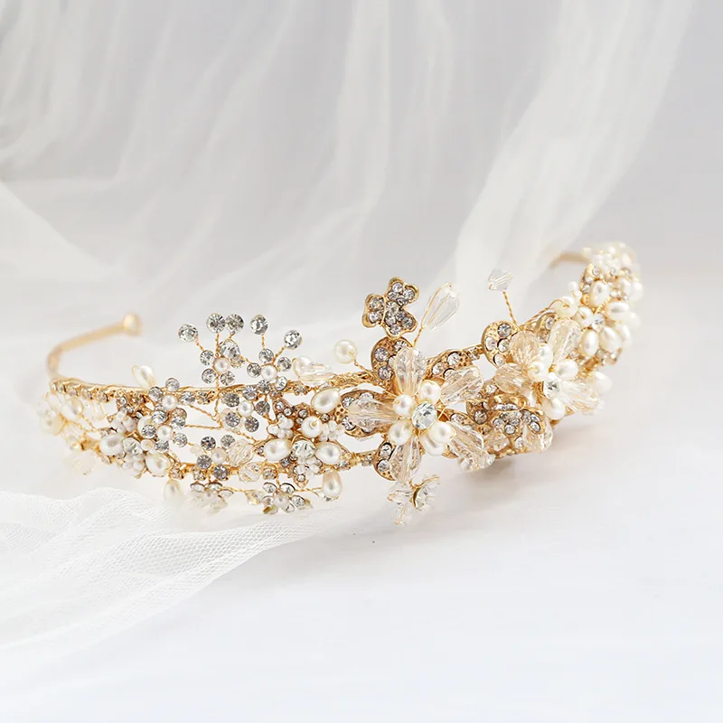2024 Handmade Bridal Headdress Flower Hair Tiara Wedding Hair Accessories Golden Hair Jewelry Star Princess Crown For Women