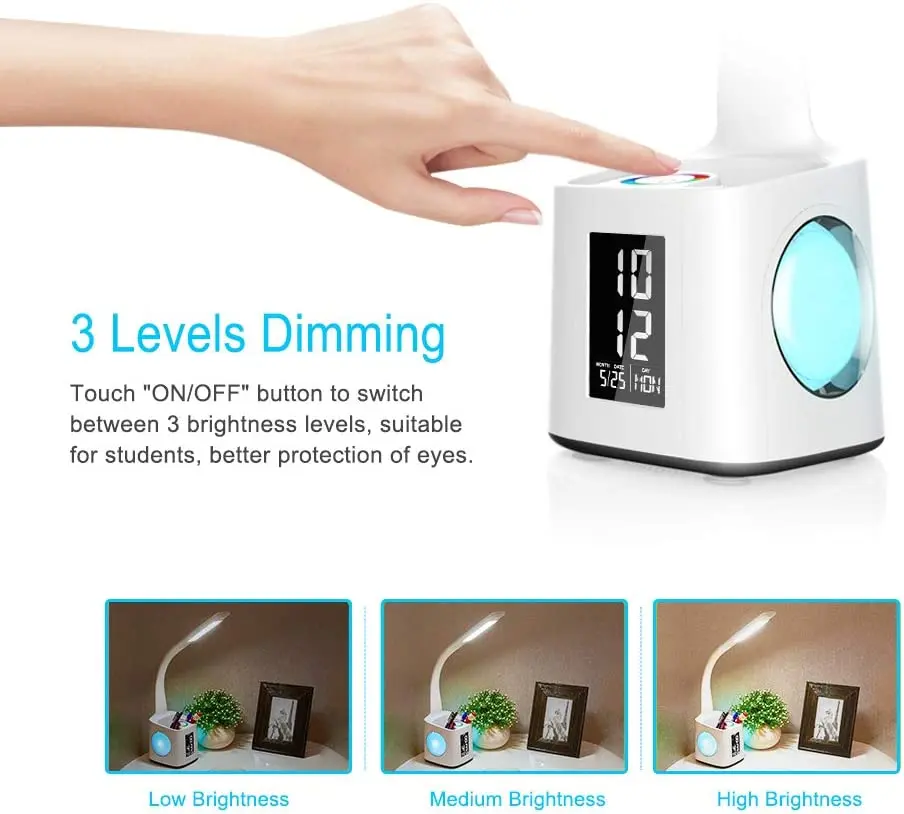 Dimmable Study LED Desk Lamp with USB Charging Port&Screen&Calendar&Color Night Light Pen Holder&Clock
