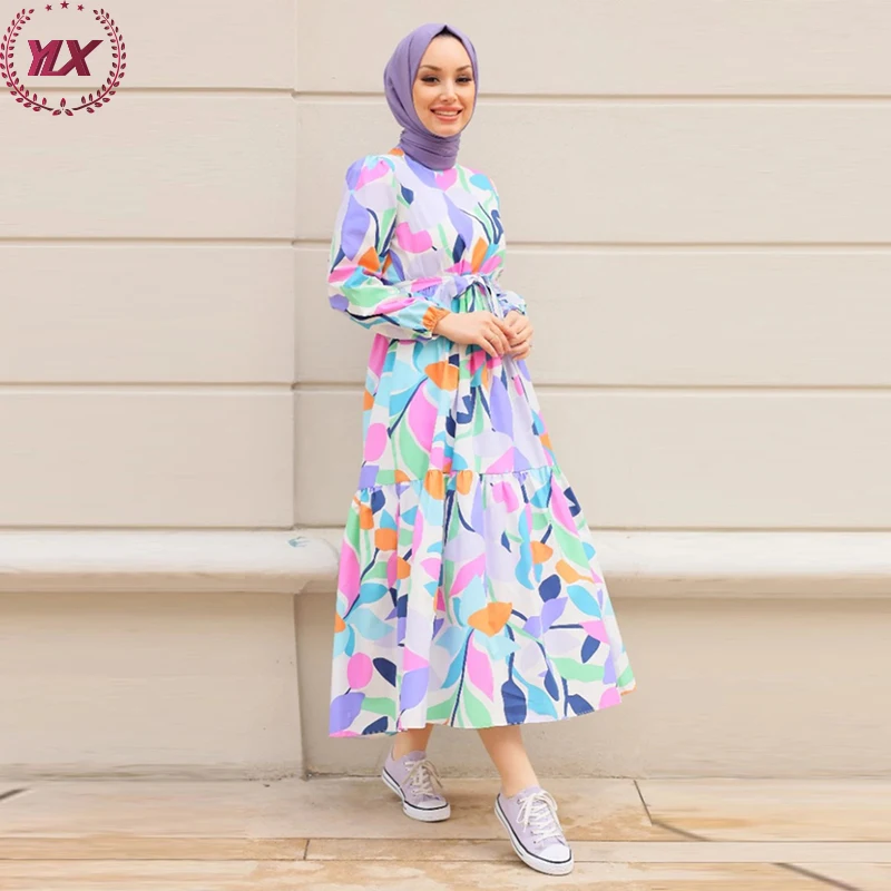 Crew Neck Women Muslim Casual Summer Muslimah Islamic Floral Silk Coffin Gamis Indonesia Hijab Dresses Abaya Dress