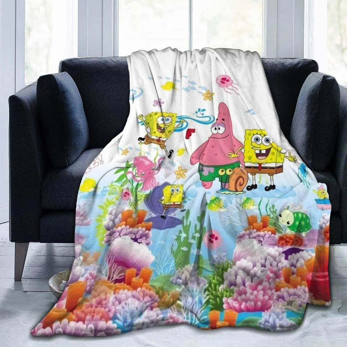 
Spongebob Super Soft Flannel Blanket Happy Smile Face Blanket Custom Digital Printing Blanket 