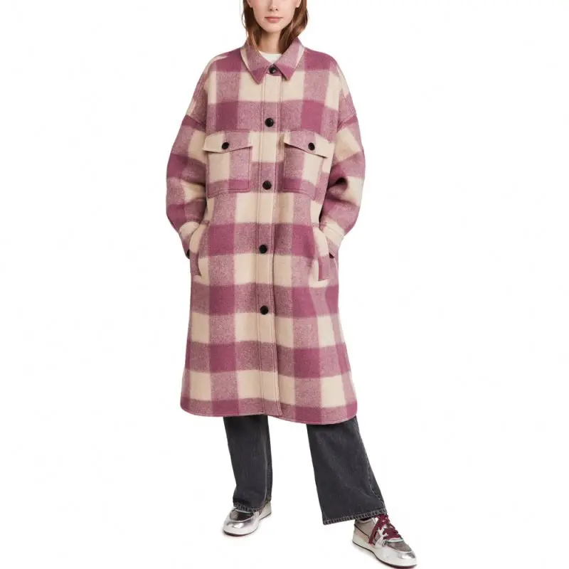 TOP Fashion winter outwear women warm long coat jacket pocket grid pattern overcoat woolen plaid long trench coat