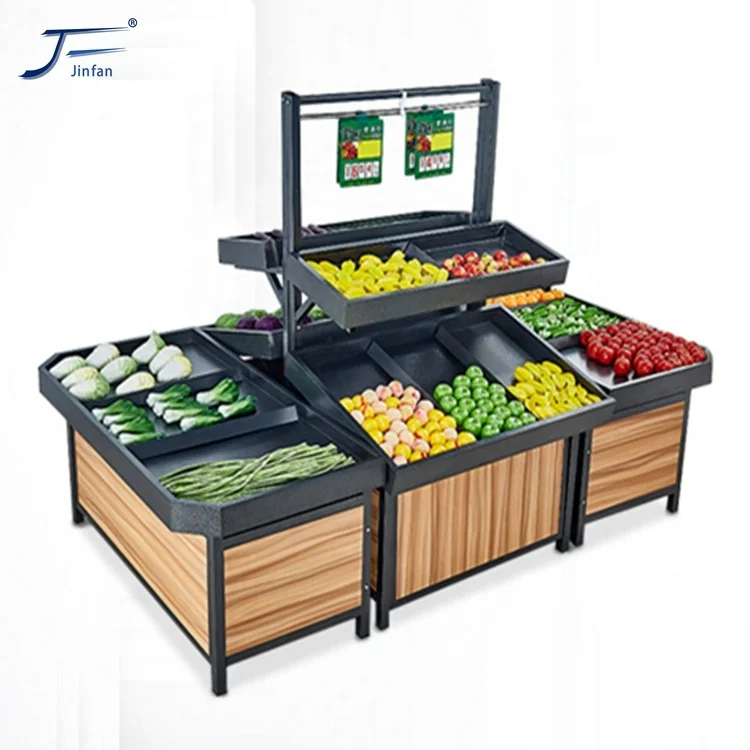 Customized wooden single side wall decoration vegetable and fruit display rack design for supermarket and store