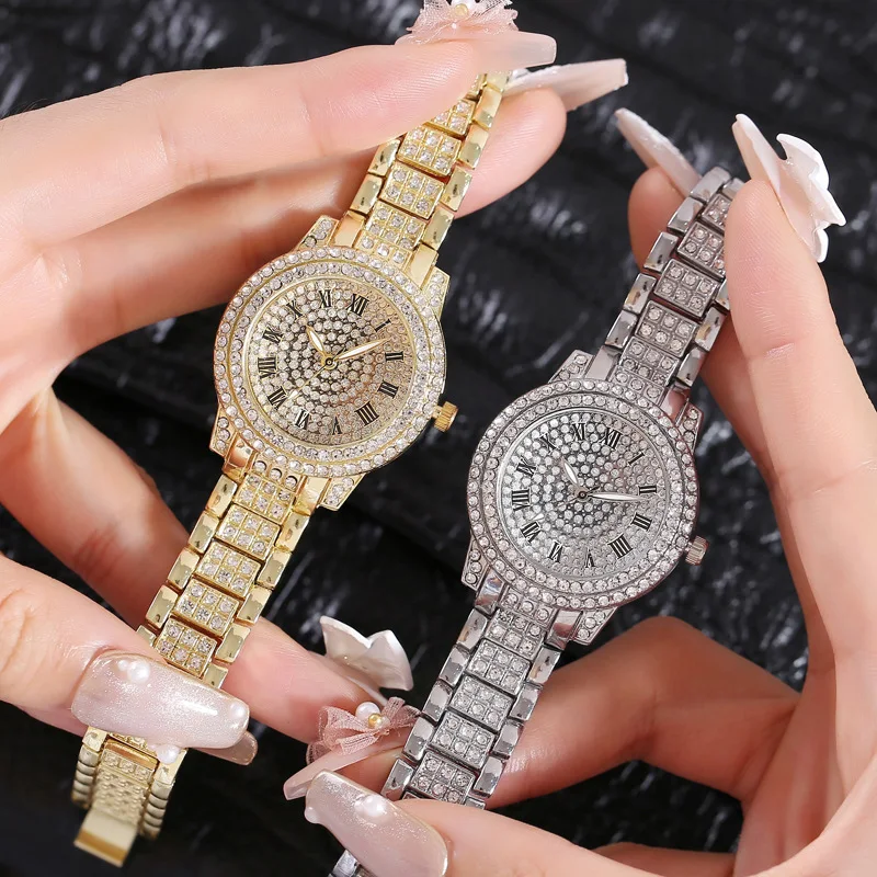 Fashion Women Bling Steel Band Watch Golden Inlaid Rhinestone Quartz Wrist Watch Luxury Birthday Gifts