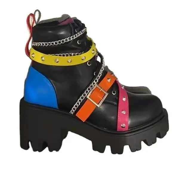 Botas Mujer Plataforma Punk Belt Buckle Rivets Studded Women Chunky Heel Ladies Boots Leather Round Toe Plus Size Martin Boot