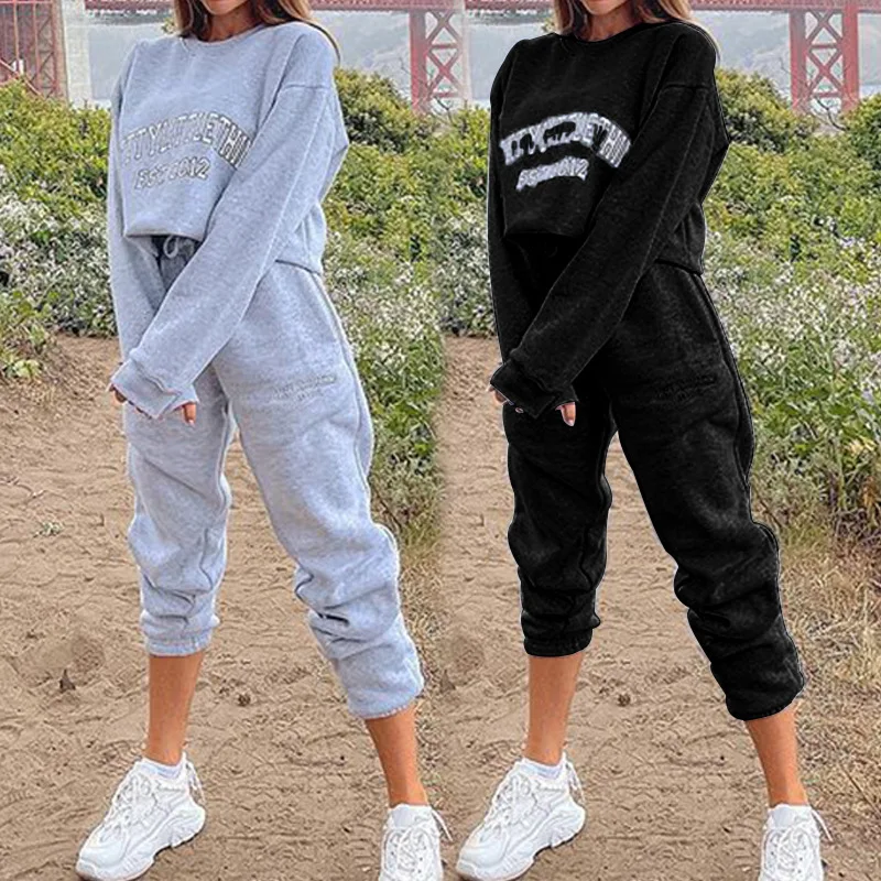 
S&P Dropshipping New Plus Size Two Piece Sets Longsleeve Hoodie Jacket and Drawstring Chic Jogger Pants Ropa De Mujer 
