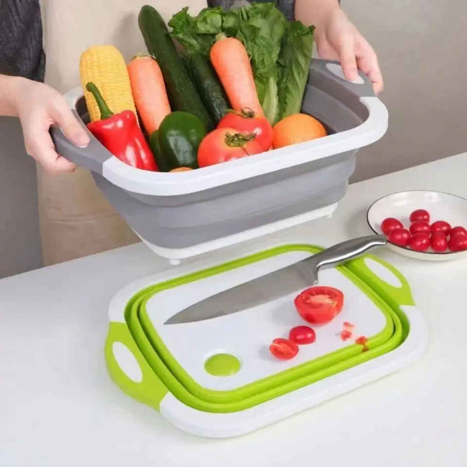 Multifunction Collapsible Cutting Board Dish Tub 3 In 1 Folding Sink Drain Basket Outdoor Camp Portable Basins Draining Basket