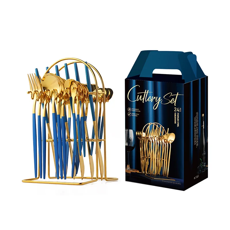 Shopee Hanging Stainless Steel Spoon& Fork Knife Set 24pcs Gold Cutlery Flatware Set With Stand