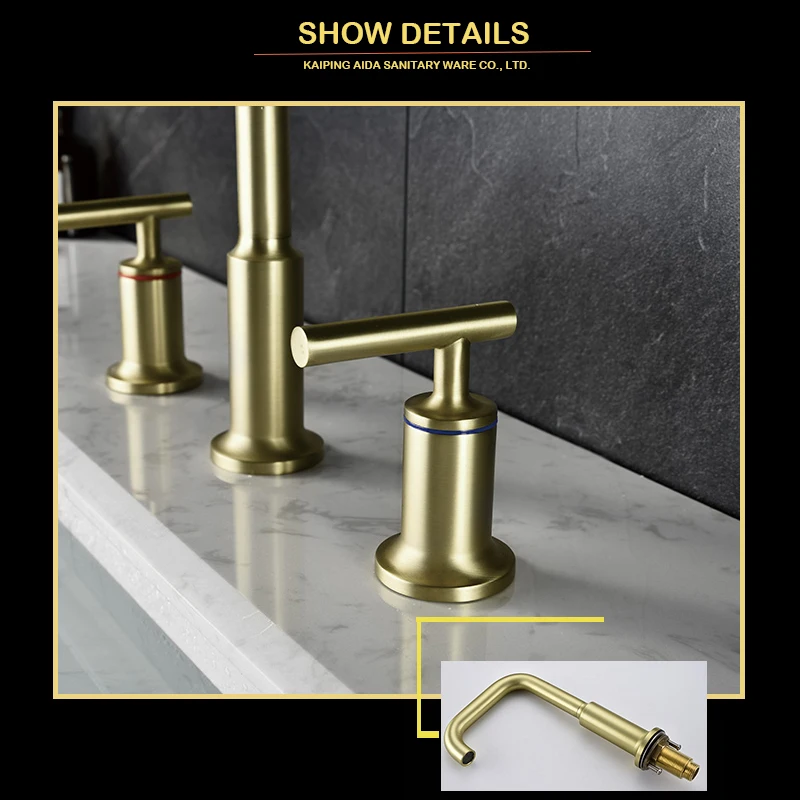 Northern Europe style brass 3 hole brush gold bathroom faucet