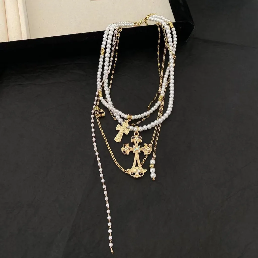 Mailard Style Pearl Beaded Multi Layered Clavicle Chains for Women Gold Cross Pendant Necklaces Jewelry