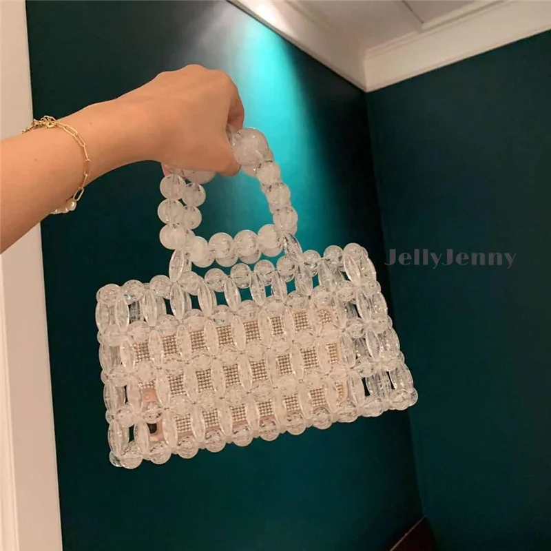Women Bead BagAcrylic Tote Bags Handmade Weave Crystal  Bags Hollow out Casual summer beach  bag