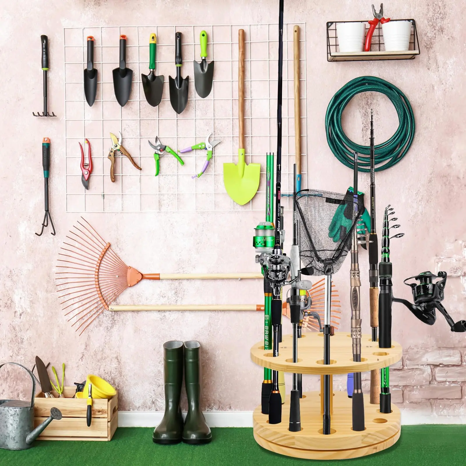 Hot Sale Vertical Wooden Stand 360 Degree Rotating Round Floor Holds up to 12 Rods Fishing Pole Rack Rod Holder Organizer Garage