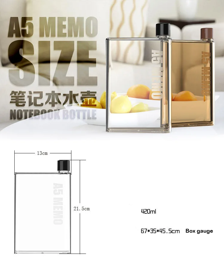 
summer 2021 420ml Summer A5 transparent notebook travel mugs kettle square flat plastic water bottle custom logo 