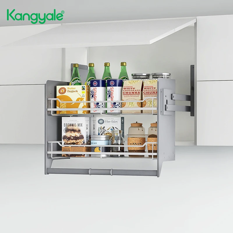 Kangyale Wall Cabinet Metal Wire Basket Food Storage Shelving Basket Pull Down Basket Cabinet Hardware Kitchen Lift