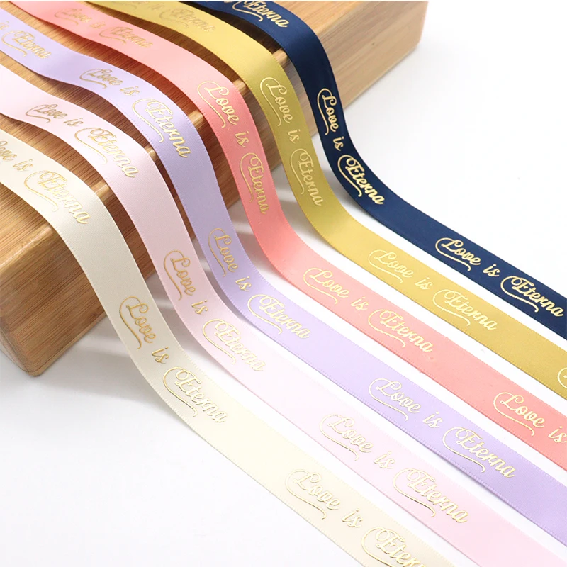 Wholesale Gold Foil Love Heart Custom Logo Printed Satin Ribbon For Home Wedding Decoration