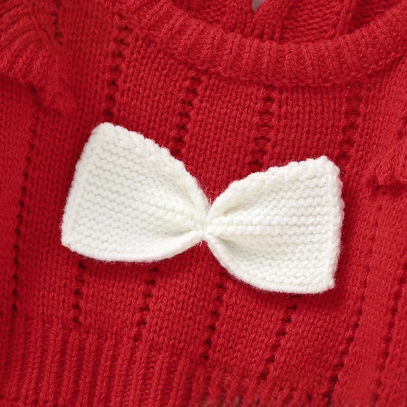 Baby Knit Romper Red 2024 Baby Girls Knitwear with Bow Unisex Outfit Clothes Infant Crochet Jumpsuit Newborn Knitted Clothing