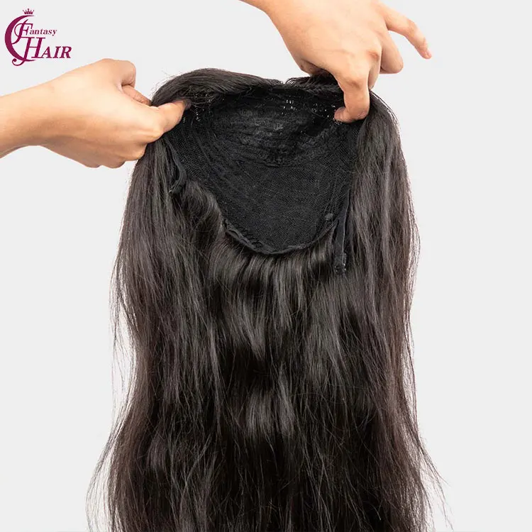 FH vendor clip in half head wigs natural black straight braizilian human hair 3in1 half handtied wig ponytail extension