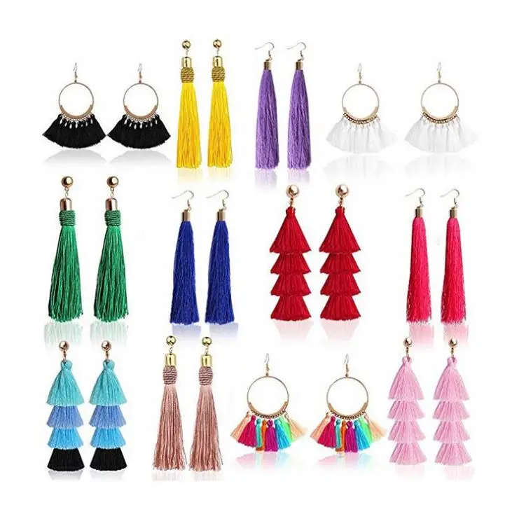 Tassel Earrings Layered Long Thread Ball Dangle Bohemian Tiered Drop