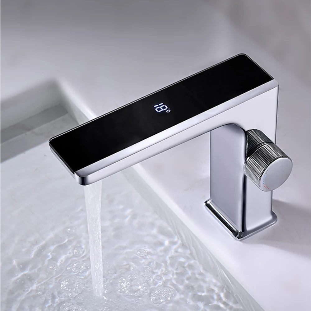 Sensor All Copper Digital Display Single Hole Hot And Cold Basin Faucet Basin Gun Gray Washbasin Washbasin Faucet