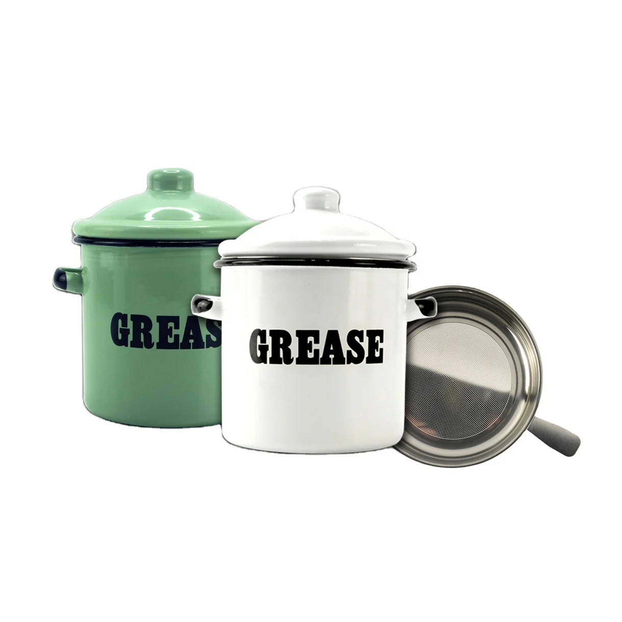 Amazon Hot selling Grease Container Enamel Grease Catcher Enamel Metal food Containers For Grease storage with filter and Lid