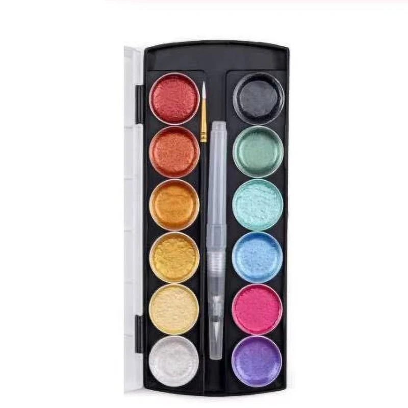 
Amazon Hot 12 Color Artist Metallic Watercolor Paint Set With Water Brush Pen for Painting Glitter Water Colour Pearlescent 