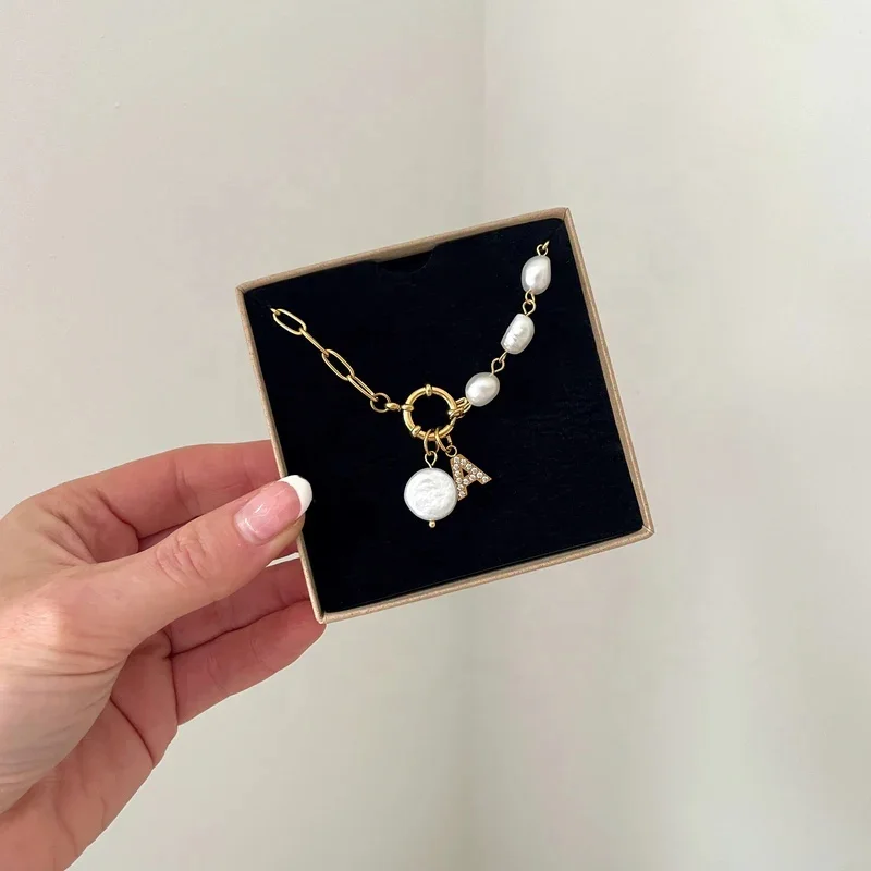 Custom Women Accessories CZ Diamond Initial Letter Charm Necklace Personalized 18K Gold Jewelry Boot Freshwater Pearl Necklace