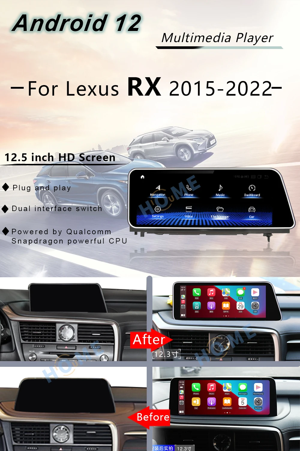 Android 12 Qualcomm Snapdragon 12.5 Inch Car Radio Multimedia Video Player CarPlay Autoradio For Lexus RX RX200T RX270 RX300