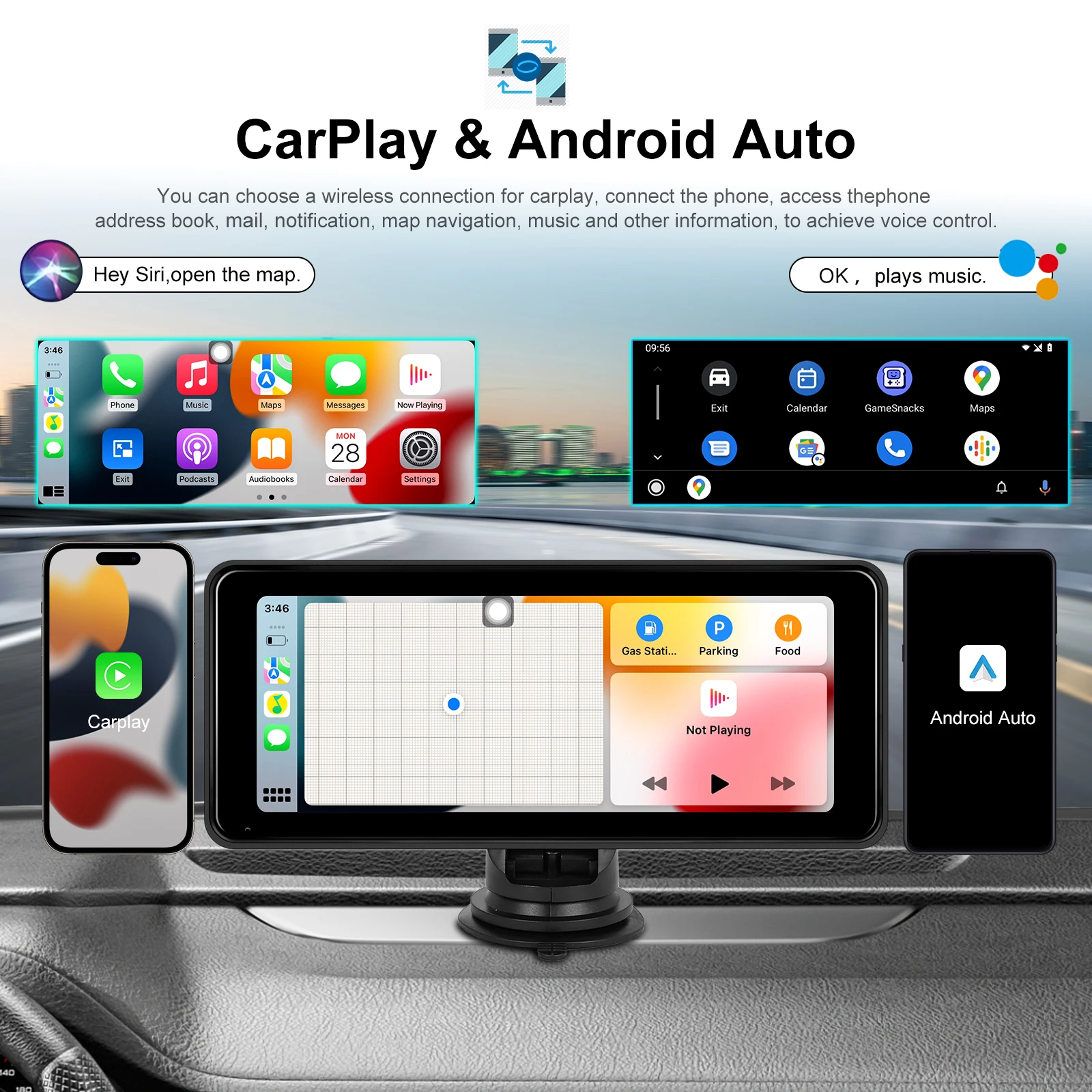 Podofo Portable Wireless Carplay/Android Auto 6.86 Inch HD Screen Car Monitor AirPlay Android Cast BT Music FM Transmitter