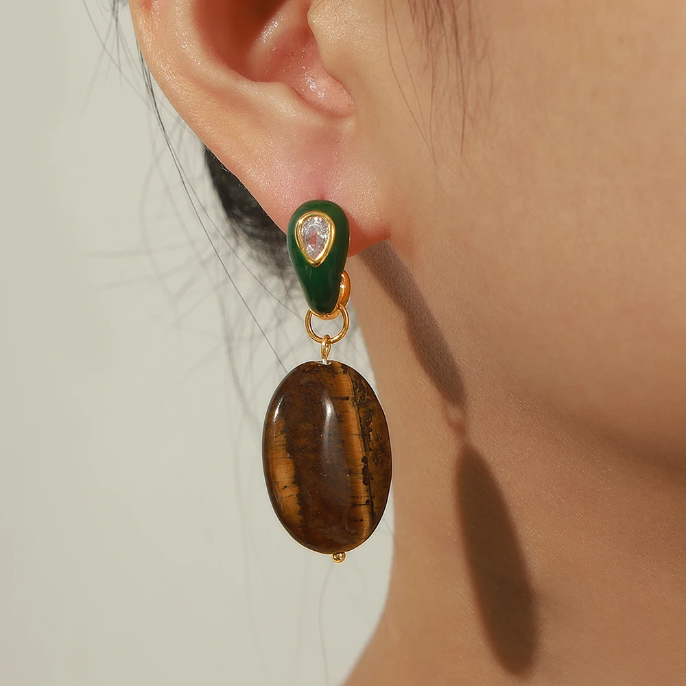 European and American retro copper natural tiger eye stone pendant inlaid with zircon enamel colored glaze earrings jewelry
