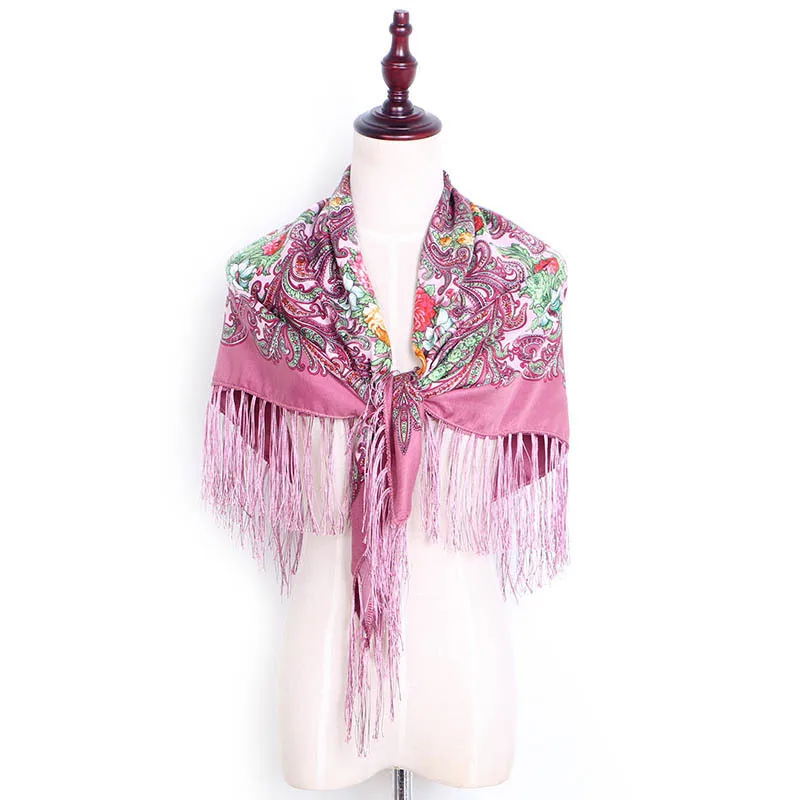 Top Selling Polyester Lurex Ladies Pashmina Russia Flower Printing Cotton Shawl Tassel Scarfs for Winter
