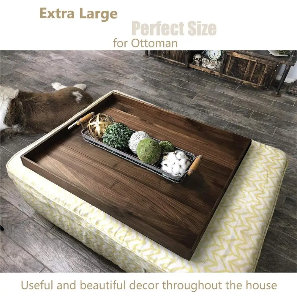 Solid Wood Ottoman Tray with Handles Extra Large Rectangle Black