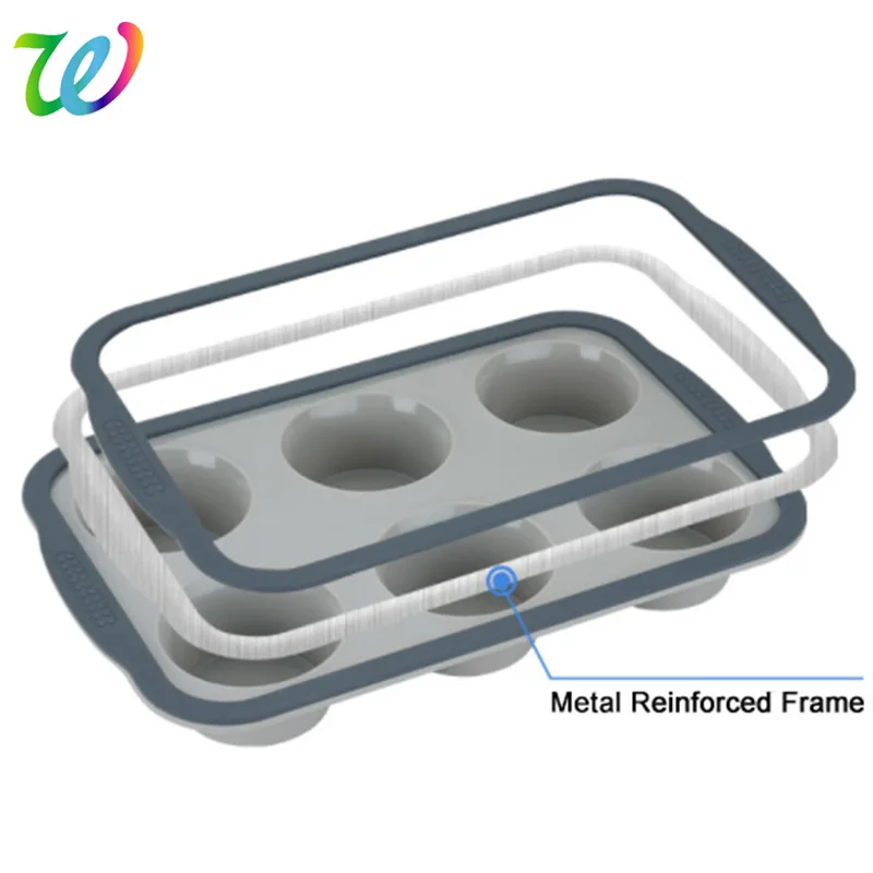 Non-Stick 6 Cup Cupcake Baking Pan Silicone Jumbo Muffin Pan with Metal Reinforced Frame