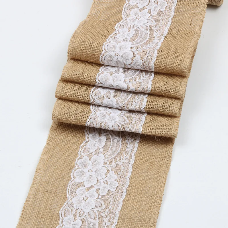 Rustic Vintage Lace Natural Jute Linen Table Runner for Farmhouse Wedding Tea Placemat Crafts Decor