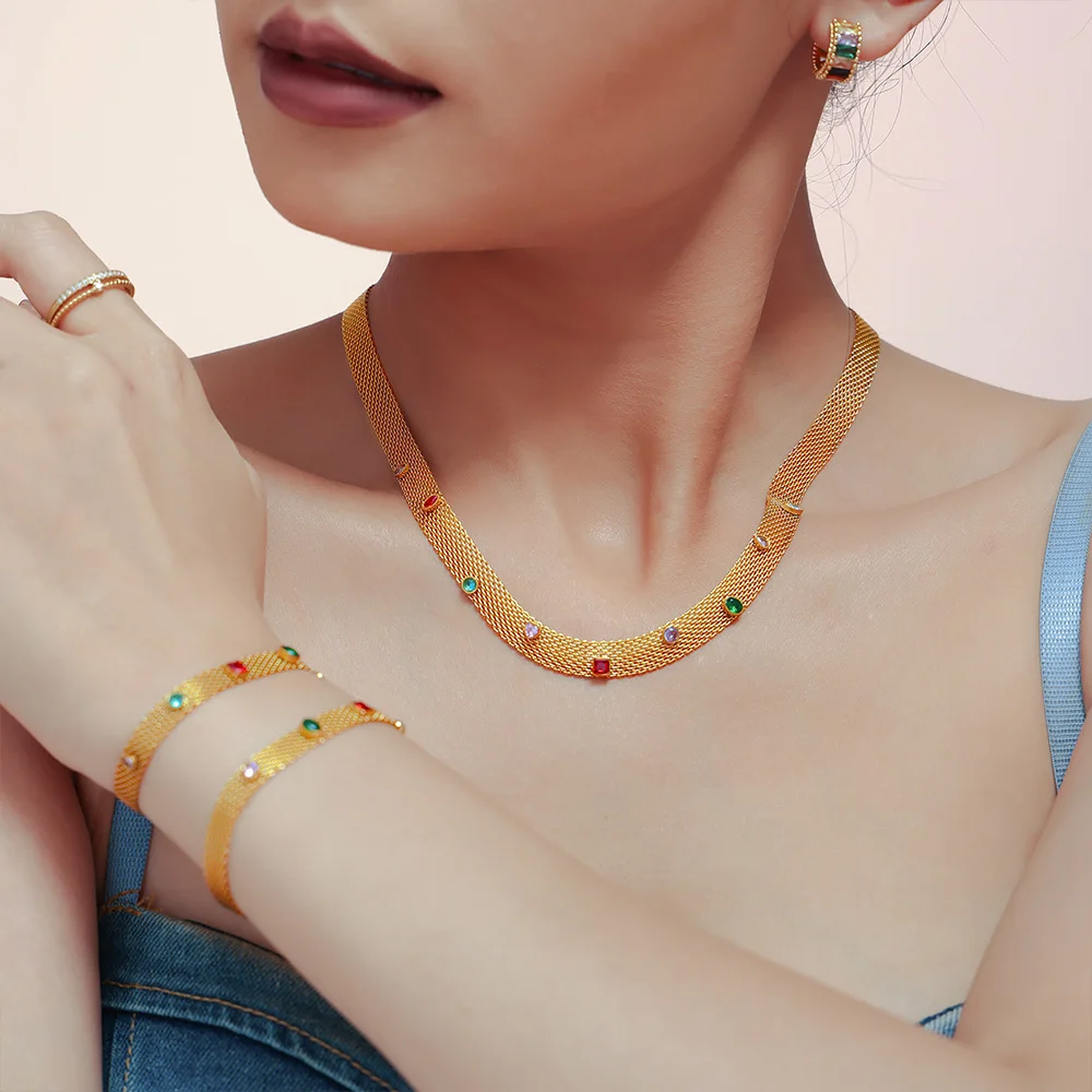 2024 Stainless Steel Jewelry Factory Fine Chain Couple Necklace Bracelet Web Chain Ribbon Geometric Colorful ZirconJewelry Sets
