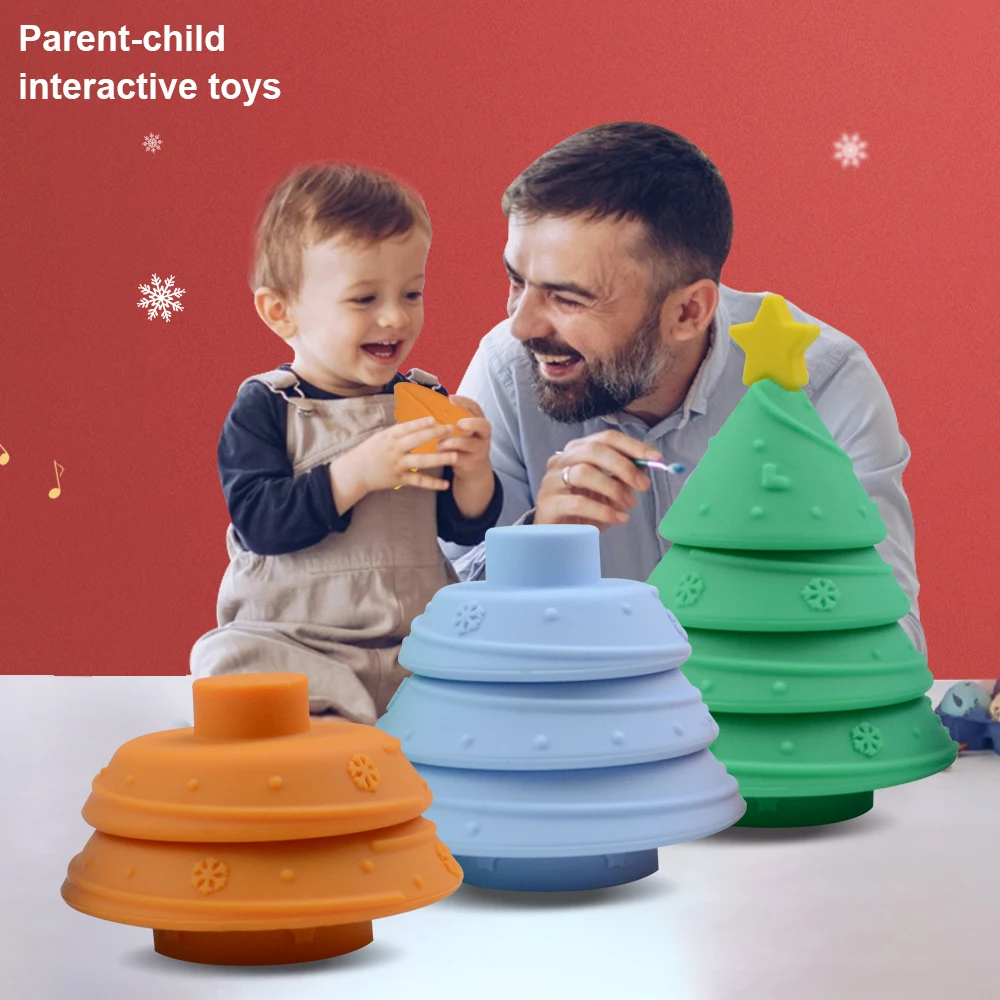Christmas stacking toys Tree Shape Babies Teether Silicone Building Blocks Set Toddler silicone stacking toys