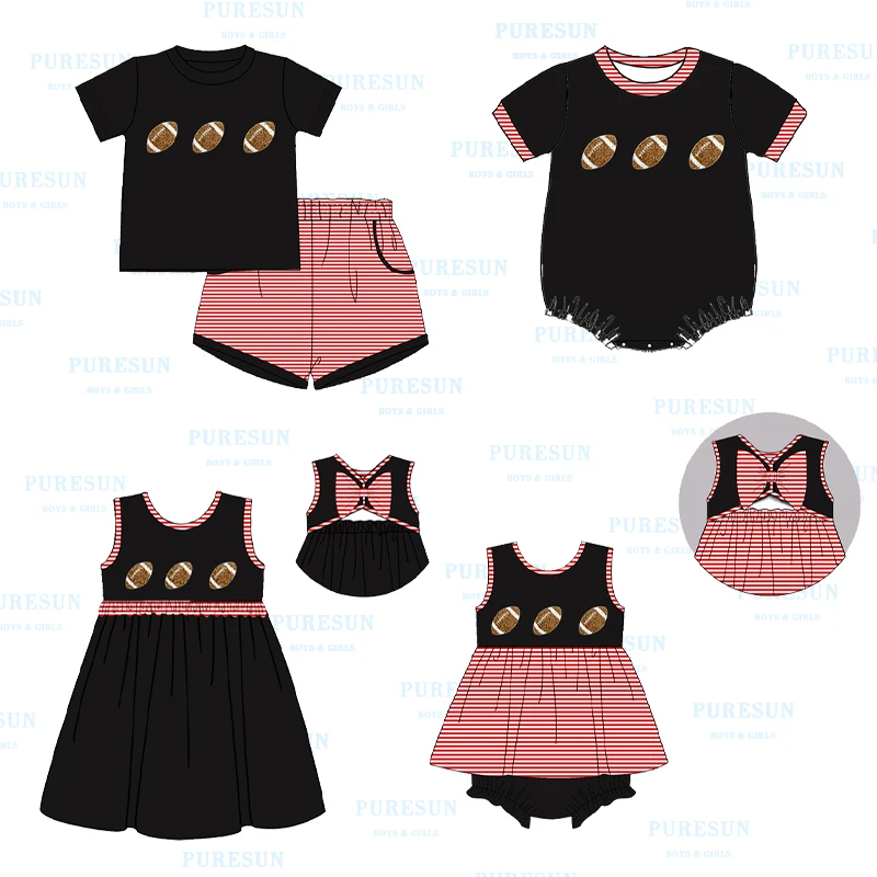 New design smocked football knitted outfits kids game day siblings matching sets toddler boys football appliqued clothing