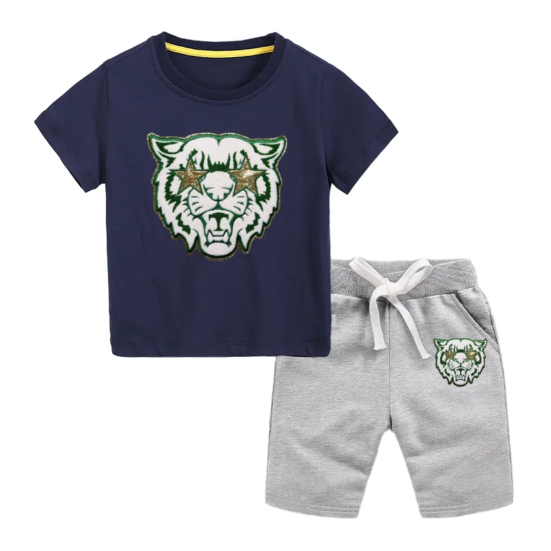 Customization 2024 Summer New Style Boys Clothing sets Solid Casual Tiger Pattern T-shirts Shorts Two Pieces Set