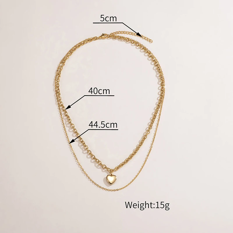 Fashion 18K Gold Plated Jewelry Double Layer Cross O Link Cable Chain Stainless Steel Heart Pendant Necklace