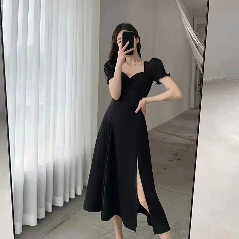 ladies Fashion Casual Summer Clothing Bridesmaid Party Wear Puff Sleeve Solid Color Chiffon Bodice Wrap Midi Sundress For Women