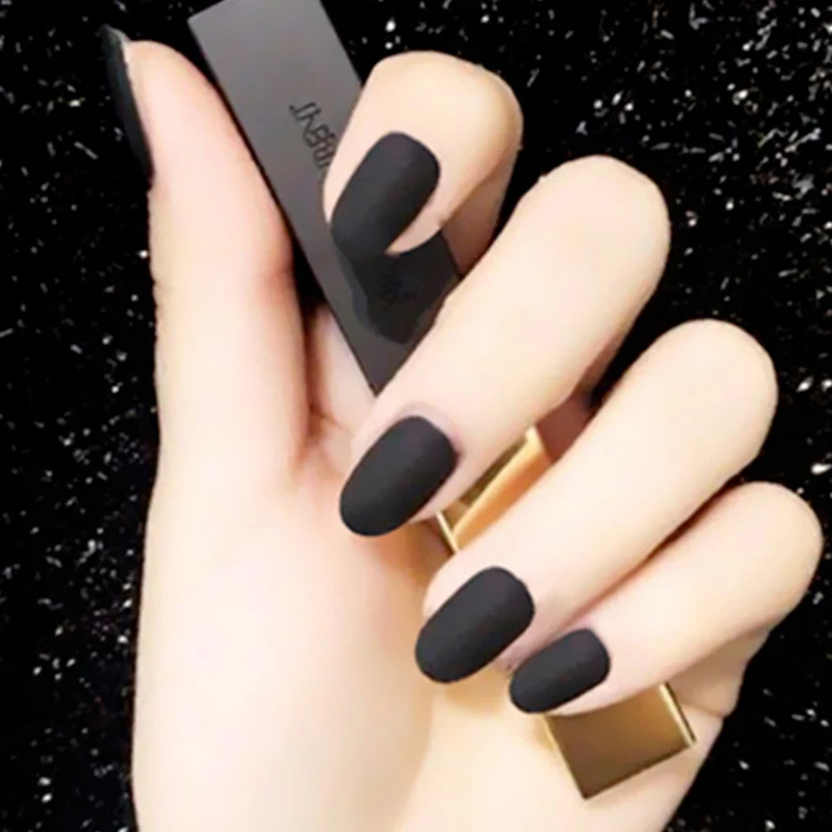 Wholesale French Matte Black Abs Removable Plain 24 Pcs Black Full Cover False Nail For Girls