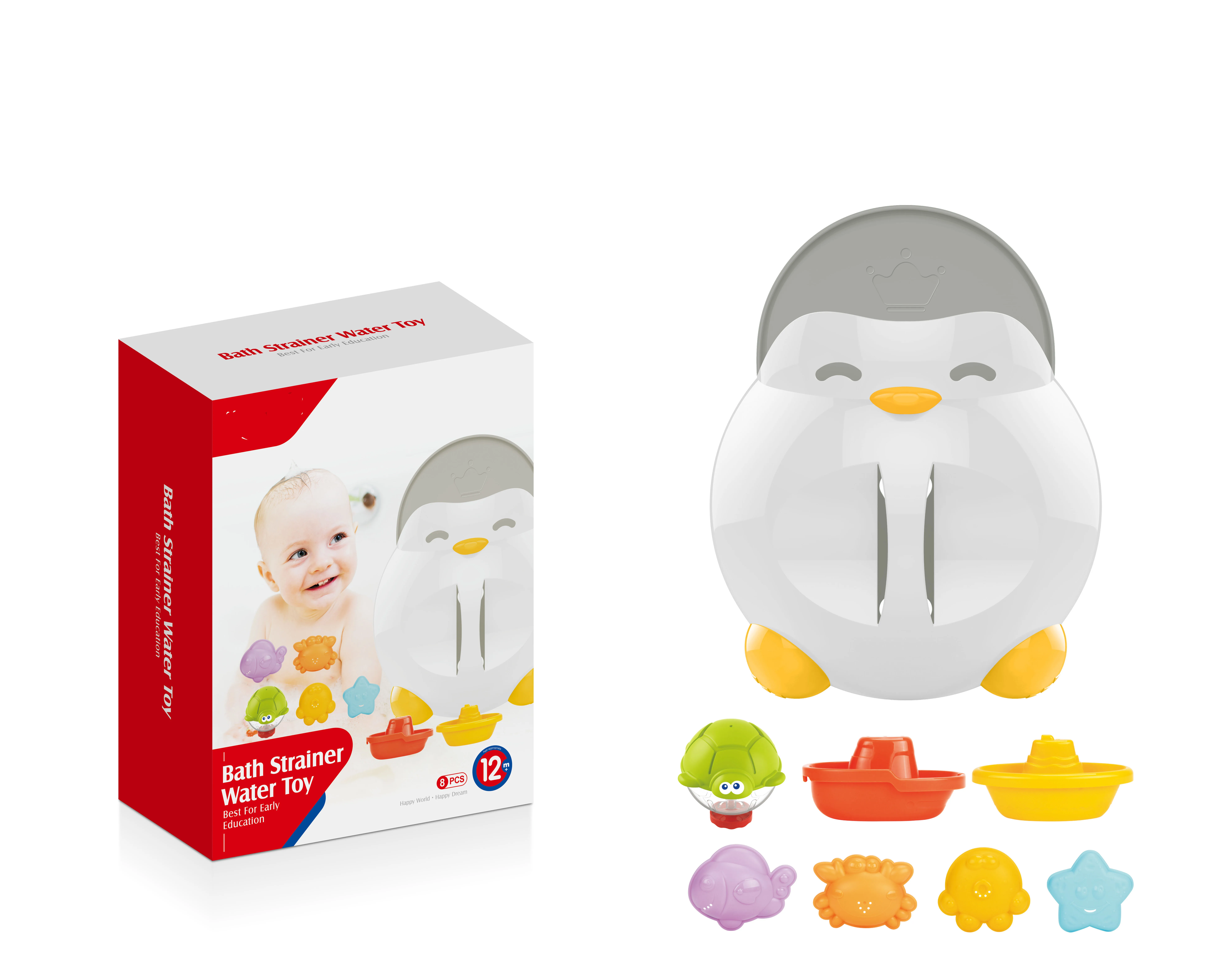 Hot sale Cute Penguin Floating Squeeze Rubber Animal Water Spray Storage Net Bath Bath Toy Organizer