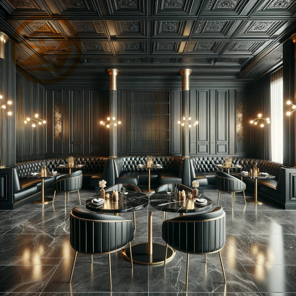 light luxury Luxurious Black Leather Restaurant Booths | Modern Circular Marble Tables | Premium Commercial Dining Set