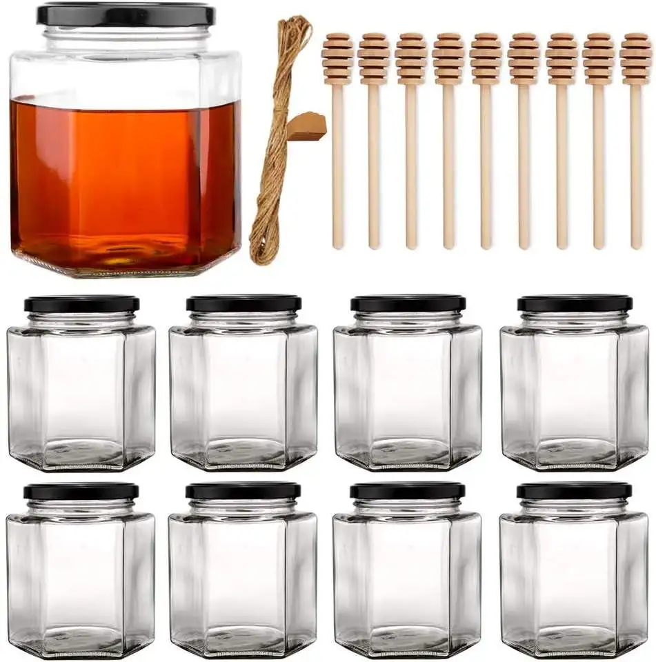 High Quality 16oz Hexagon Glass Bottle with Black Metal Cap Honey Jam Jar packaging