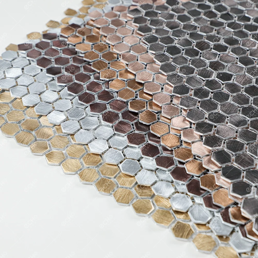 Ready to Ship Mesh Mounted Gravity Aluminium Metal Elements Mini Gold Hexagon Mosaic Wall Tiles