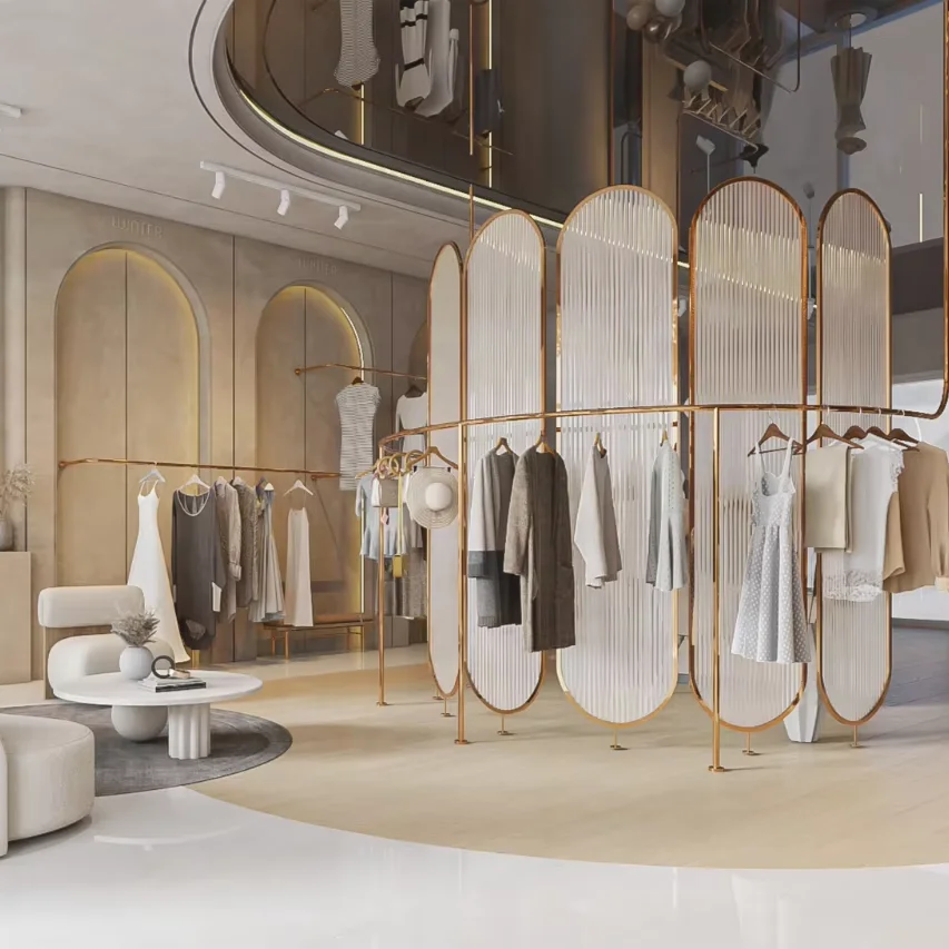 High End clothing interior display accessories design rose gold stainless steel shelves delicate clothing display rack