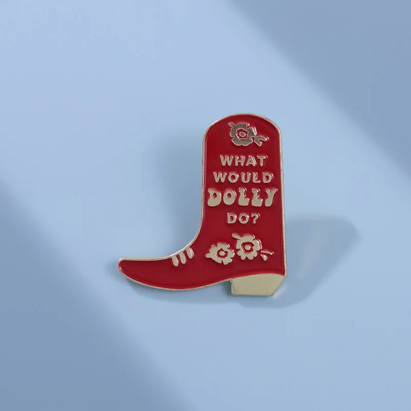 Selling cute cowboy boots style brooch personality red Martin boots English letter metal badge wholesale