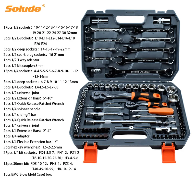 High Quality 72T 108 Pieces Spanner Ratchet Wrench Combination Auto Hand Tool Socket Set for Car Repair