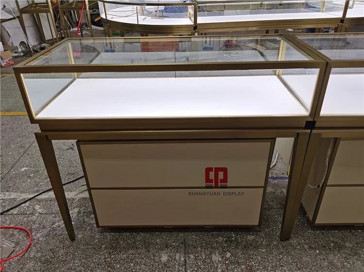 Luxury store metal stainless steel glass showcase High-end jewelry store display counter Leather hard case locker