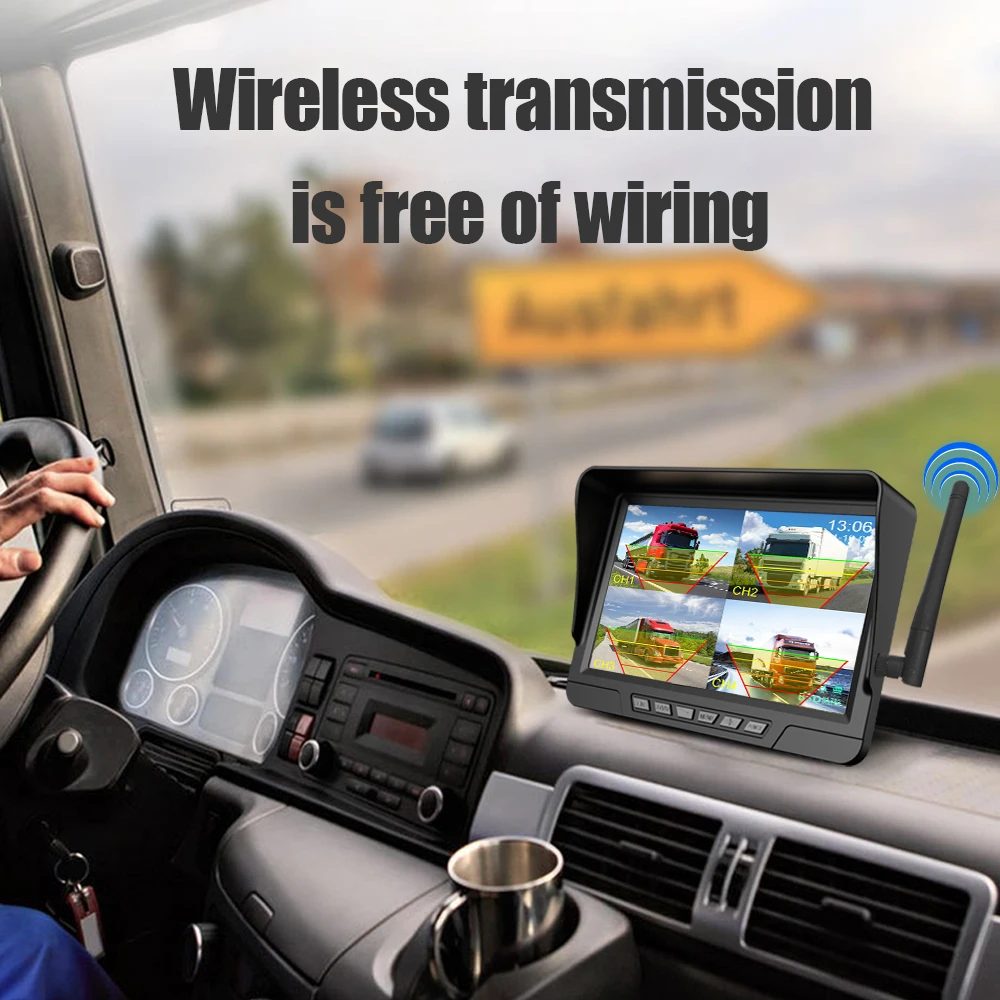 Wholesale High Quality Wide Angle 12V 24V Wireless Car Backup Security 4 Camera System with Monitor for Bus Heavy Duty Truck Van