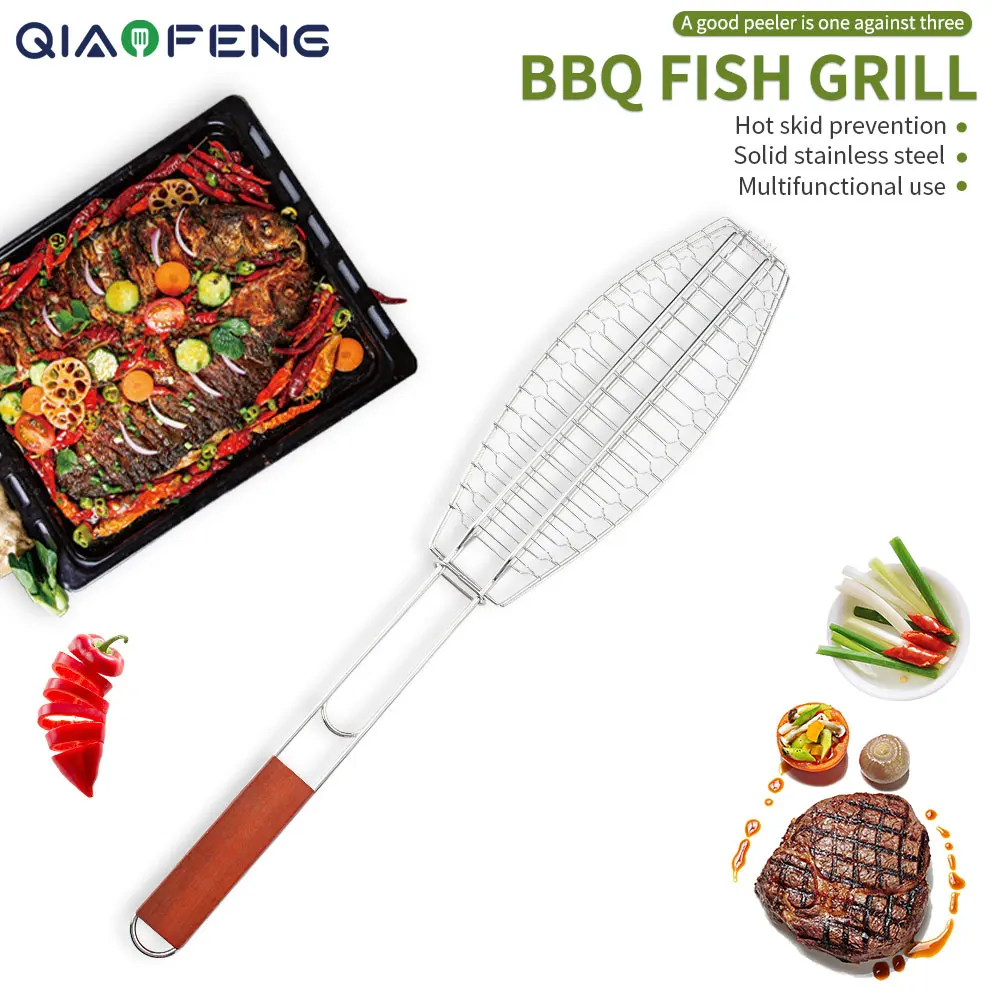 High quality stainless steel BBQ Fish Grilling Basket with Long Grill Handle