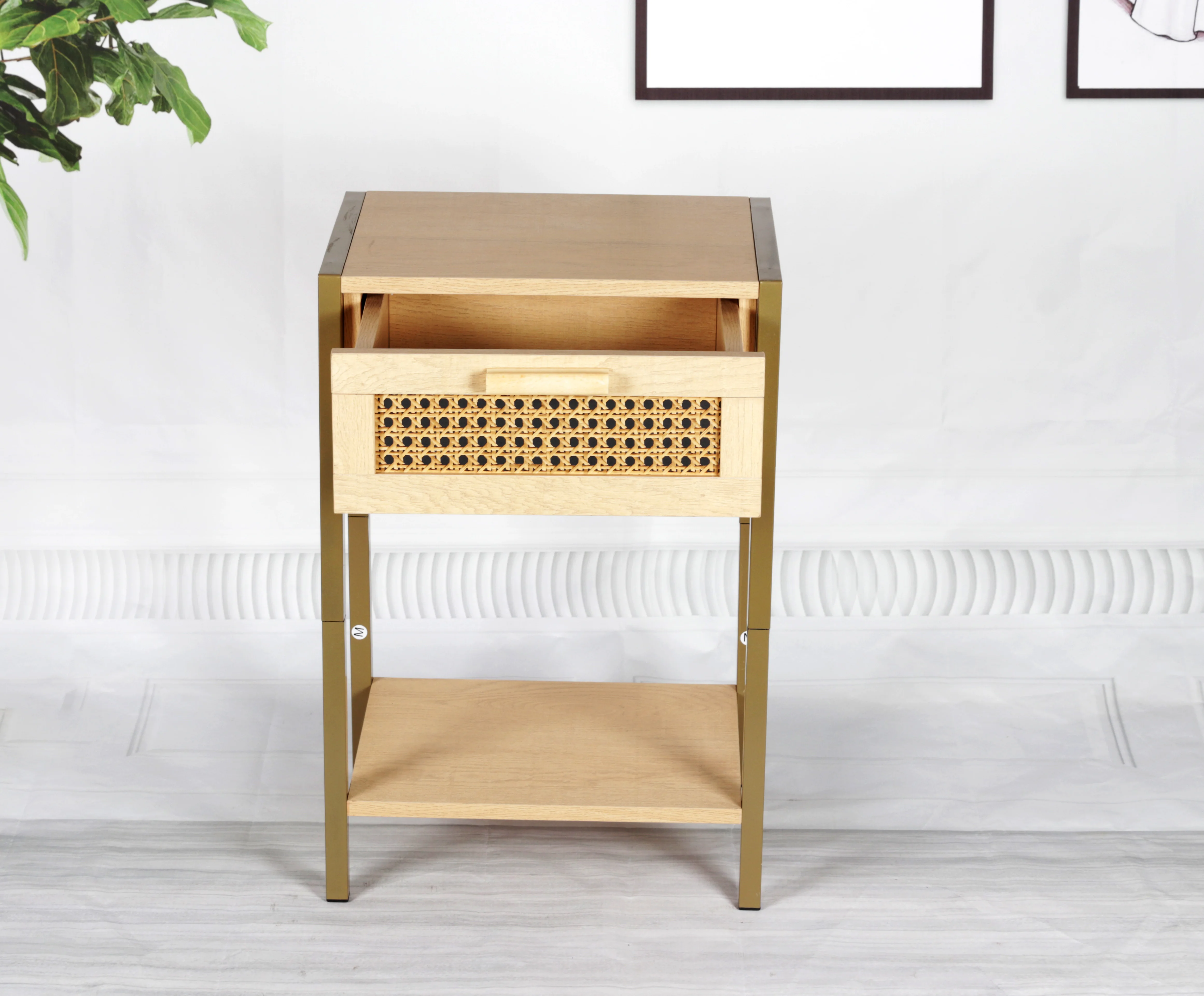 Modern  Bedroom Side Table-MDF Core with Drawer and Shelf  log style